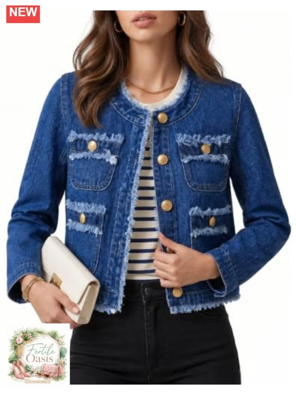 Women's Cropped Frayed Denim Jacket Collarless Button Jean Jacket